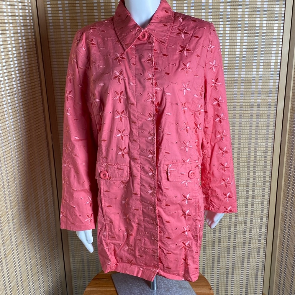 Denim and Co Stretch Eyelet Fully Lined Topper Jacket Coral Size Medium